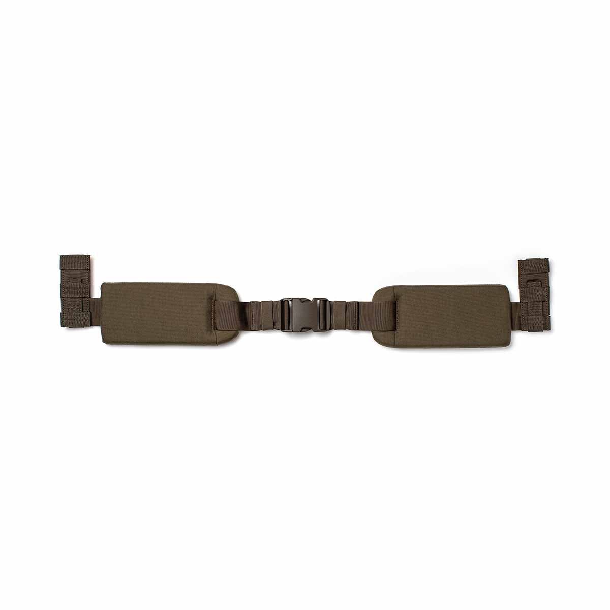 The Padded Hip Belt, brown in color, features MOLLE webbing, a plastic buckle, and adjustment clips on both ends. It is shown laid flat on a white background.