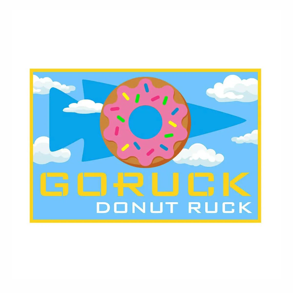 GORUCK Donut Ruck patch with pink sprinkled donut, blue arrowhead, clouds, yellow border