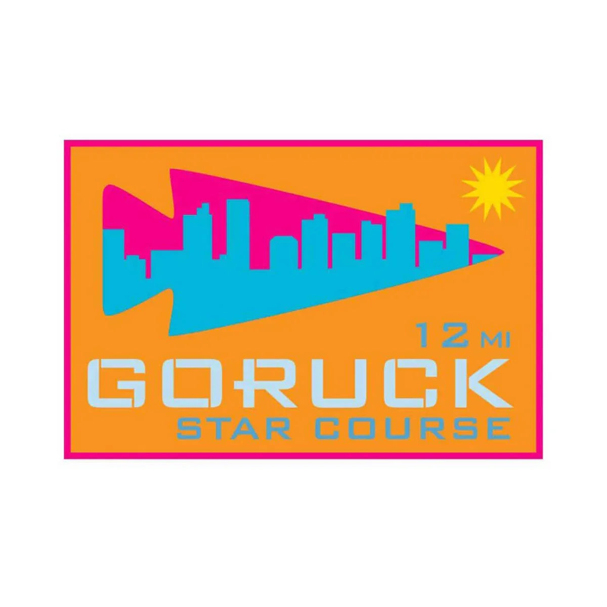 GORUCK Star Course 12 mile event patch with city skyline, arrow, and sun on orange background