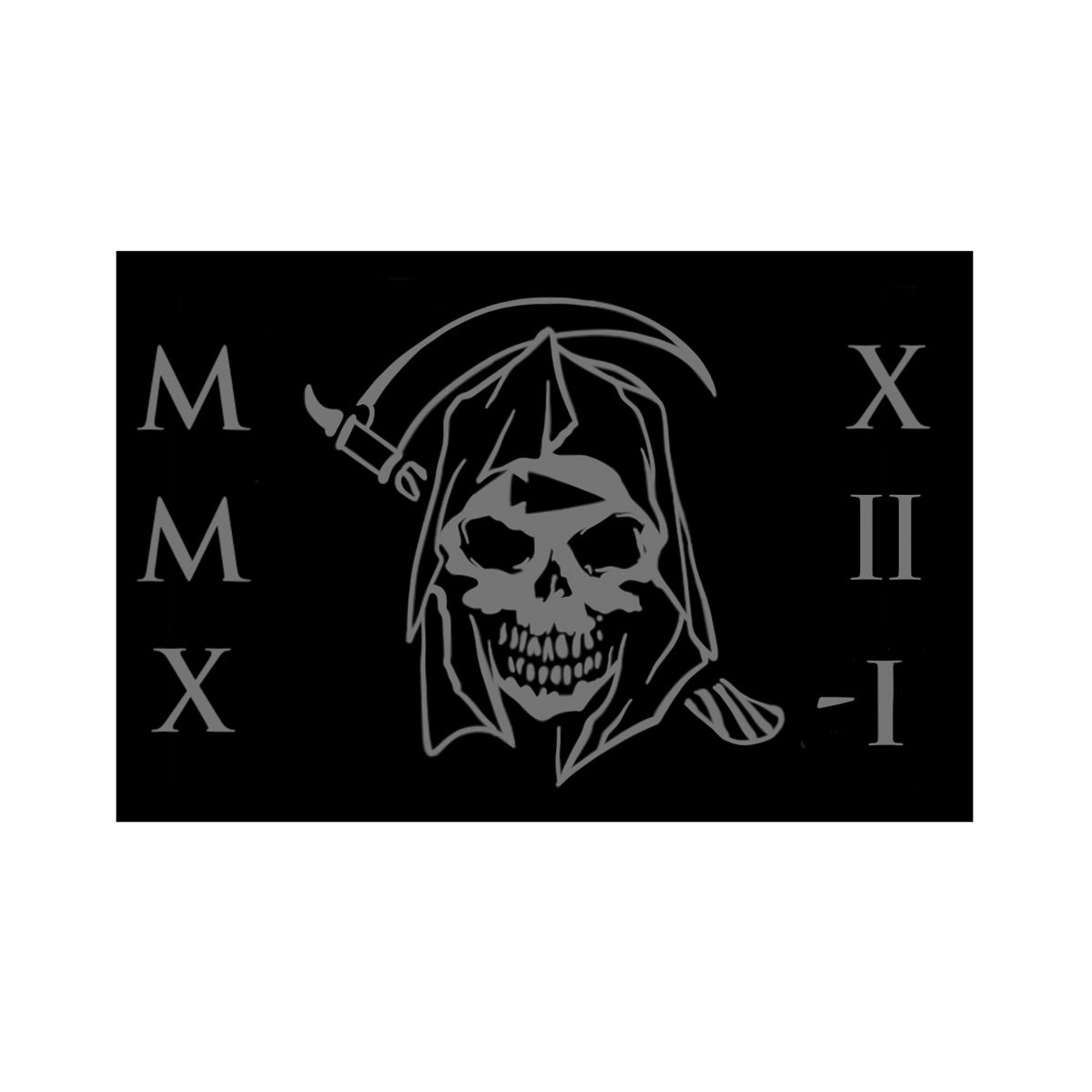 An illustration of a skull with hood and sickle, flanked by Roman numerals