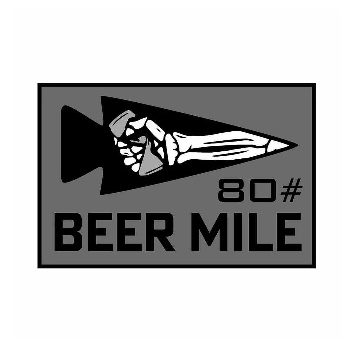GORUCK patch with skeleton hand holding bottle, arrowhead design, text '80# Beer Mile' in black and gray.