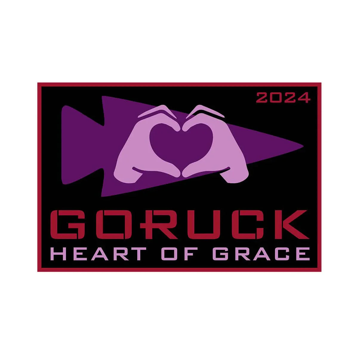 GORUCK Heart of Grace 2024 patch with purple hands forming a heart on a black background.