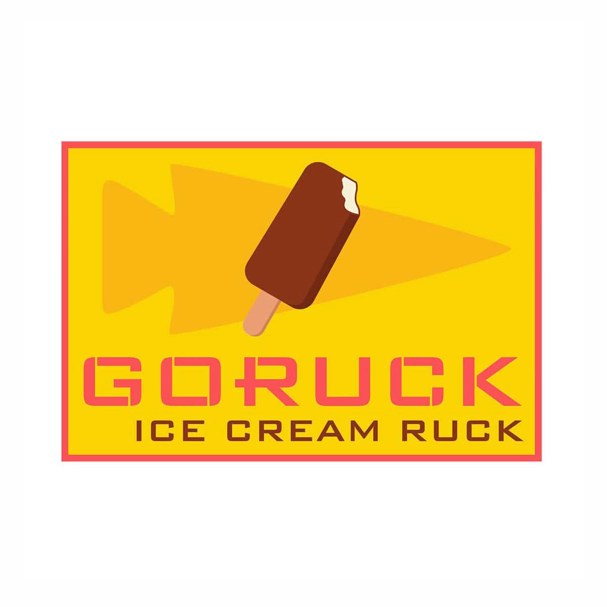 The Patch - Ice Cream Ruck logo shows a chocolate ice cream bar on a yellow arrowhead background, embodying the adventurous spirit of enjoying an ice cream parlor ruck.