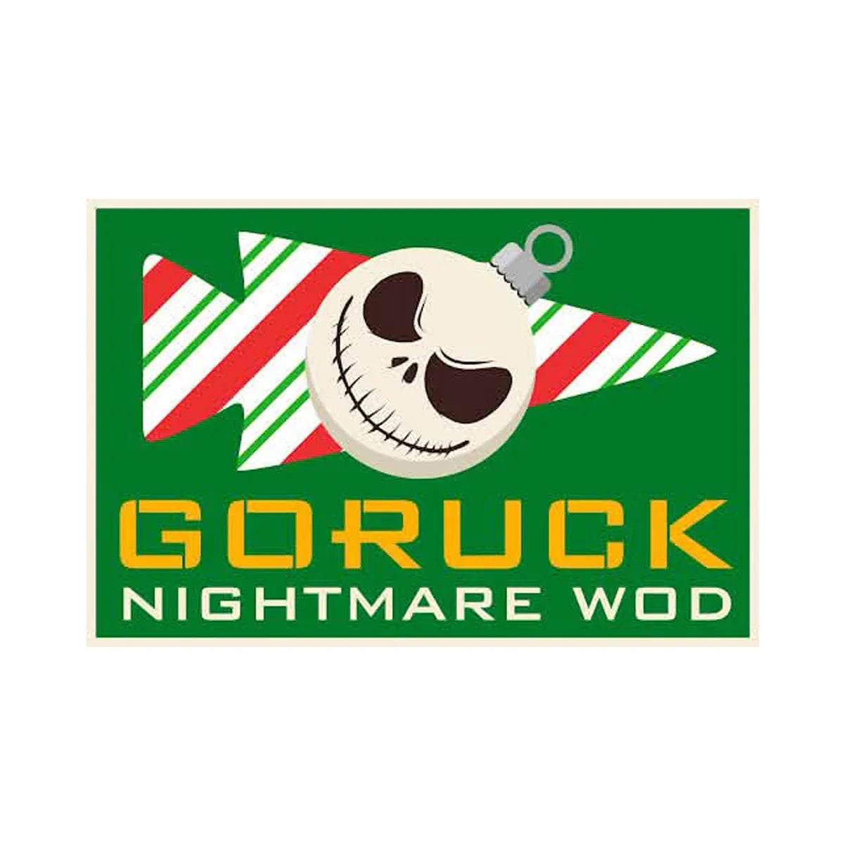 GORUCK Nightmare WOD patch with festive arrow and skull ornament on green background