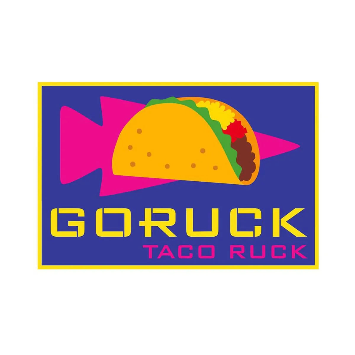 GORUCK Taco Ruck patch with yellow taco, pink arrow, blue background, bold text logo