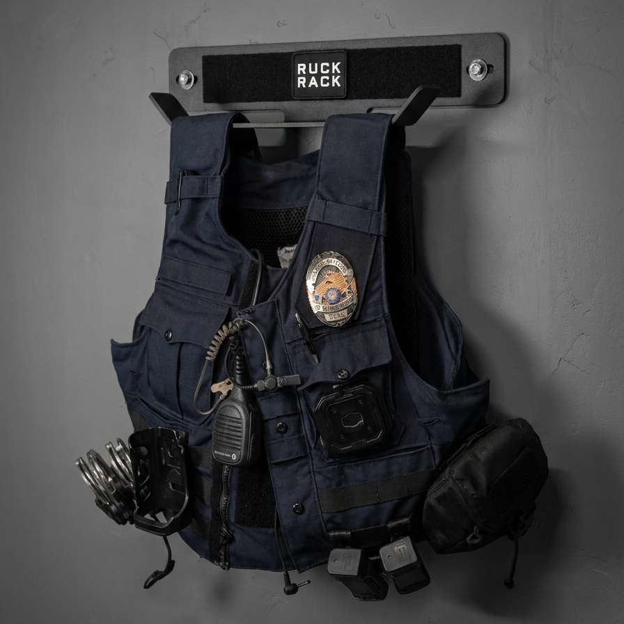 A navy blue police tactical vest with a badge and equipment, hanging on a wall-mounted Ruck Rack for organized tactical gear storage.