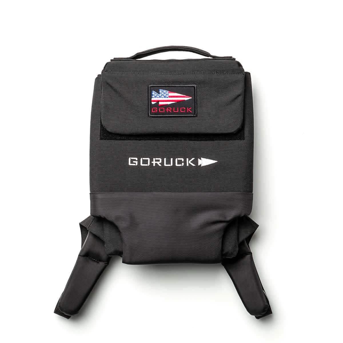 Black GORUCK rucksack with American flag patch and GORUCK logo on front against white background
