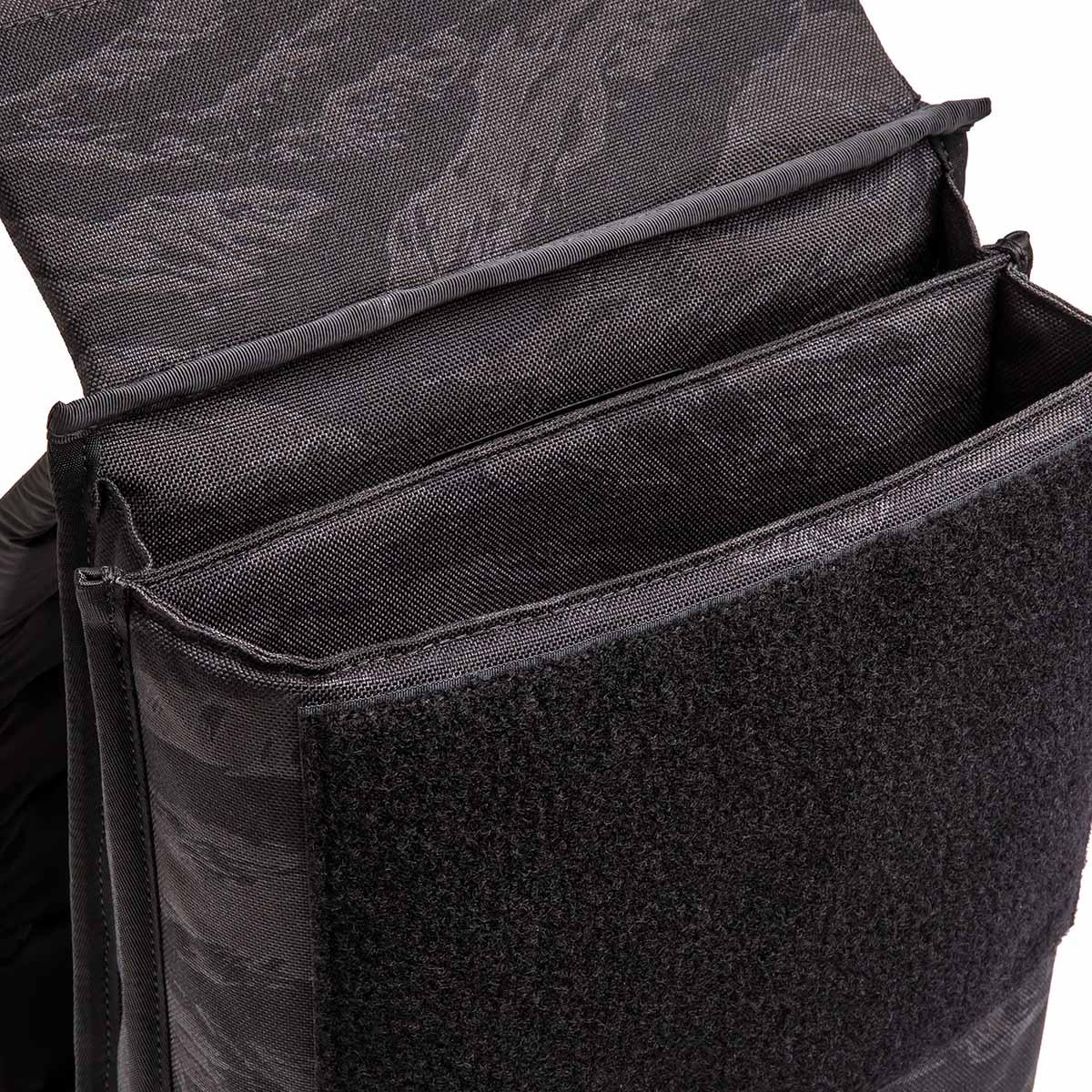 Close-up of durable black GORUCK rucksack pocket with heavy-duty Velcro flap