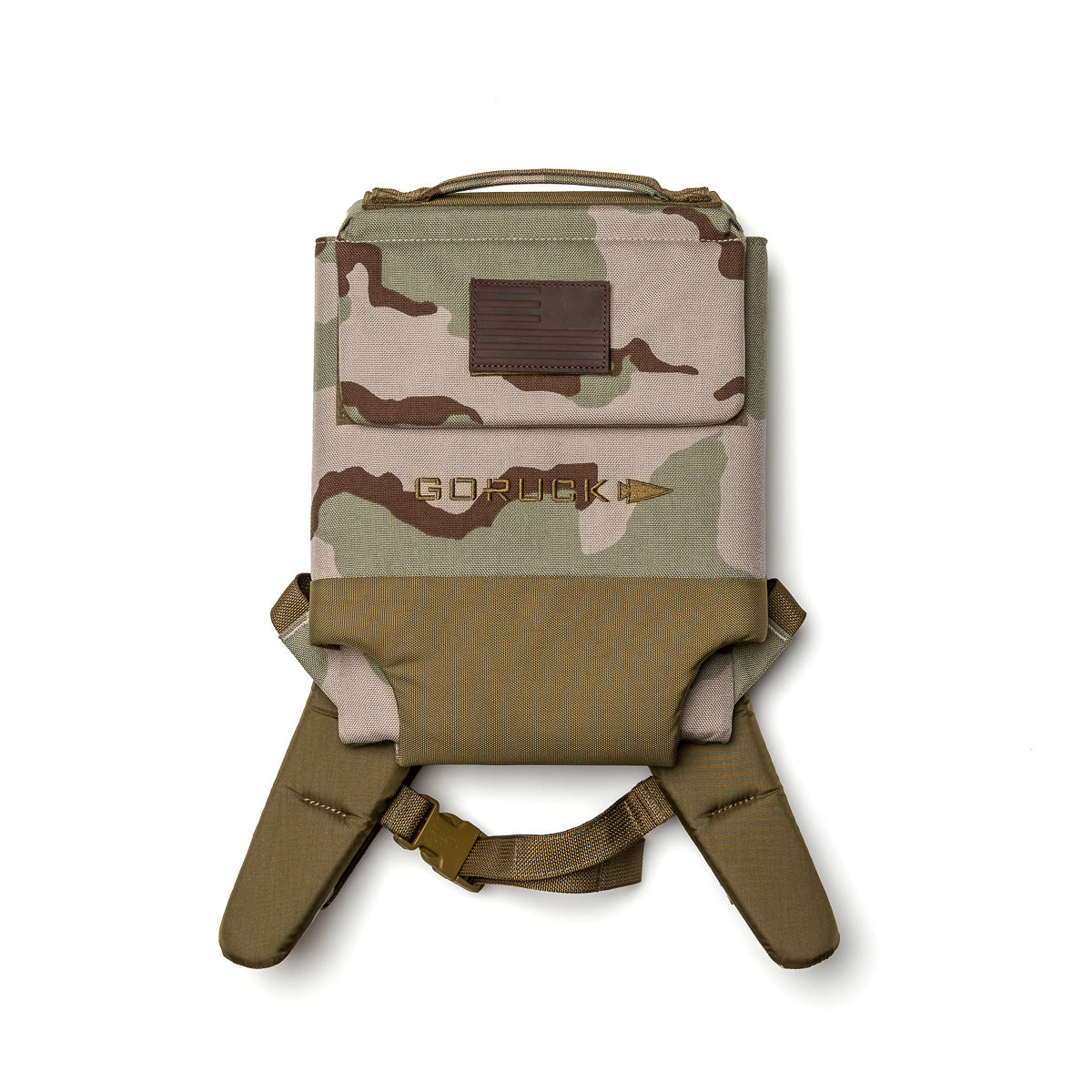 The Ruck Plate Carrier 3.0 is a camouflage-patterned rucksack made from durable ballistic nylon, with padded shoulder straps, lumbar support, and a brown GORUCK logo patch.