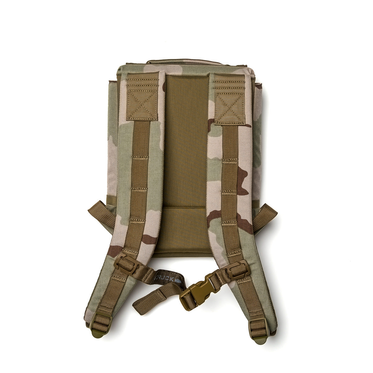 Back view of the Ruck Plate Carrier 3.0 in camouflage, featuring padded shoulder straps, a chest buckle, and enhanced lumbar support, displayed on a white background.