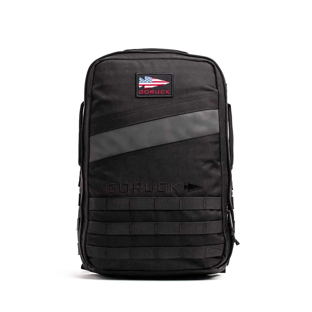 GORUCK 4.0 Blackout tactical rucksack with American flag patch on front