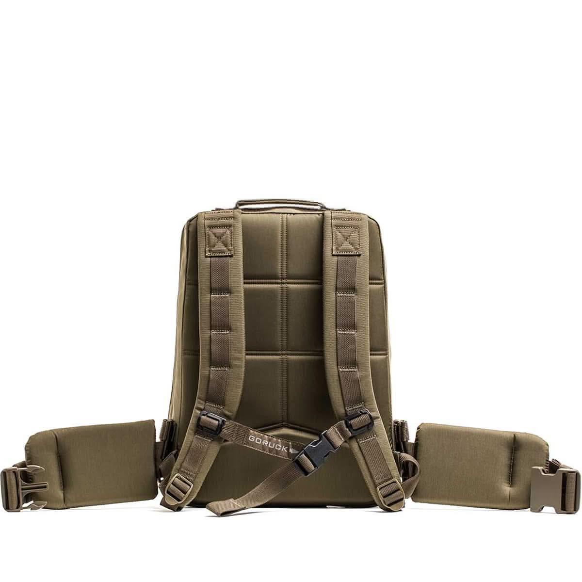 GORUCK Ranger Green rucksack with padded hip belt and reinforced shoulder straps