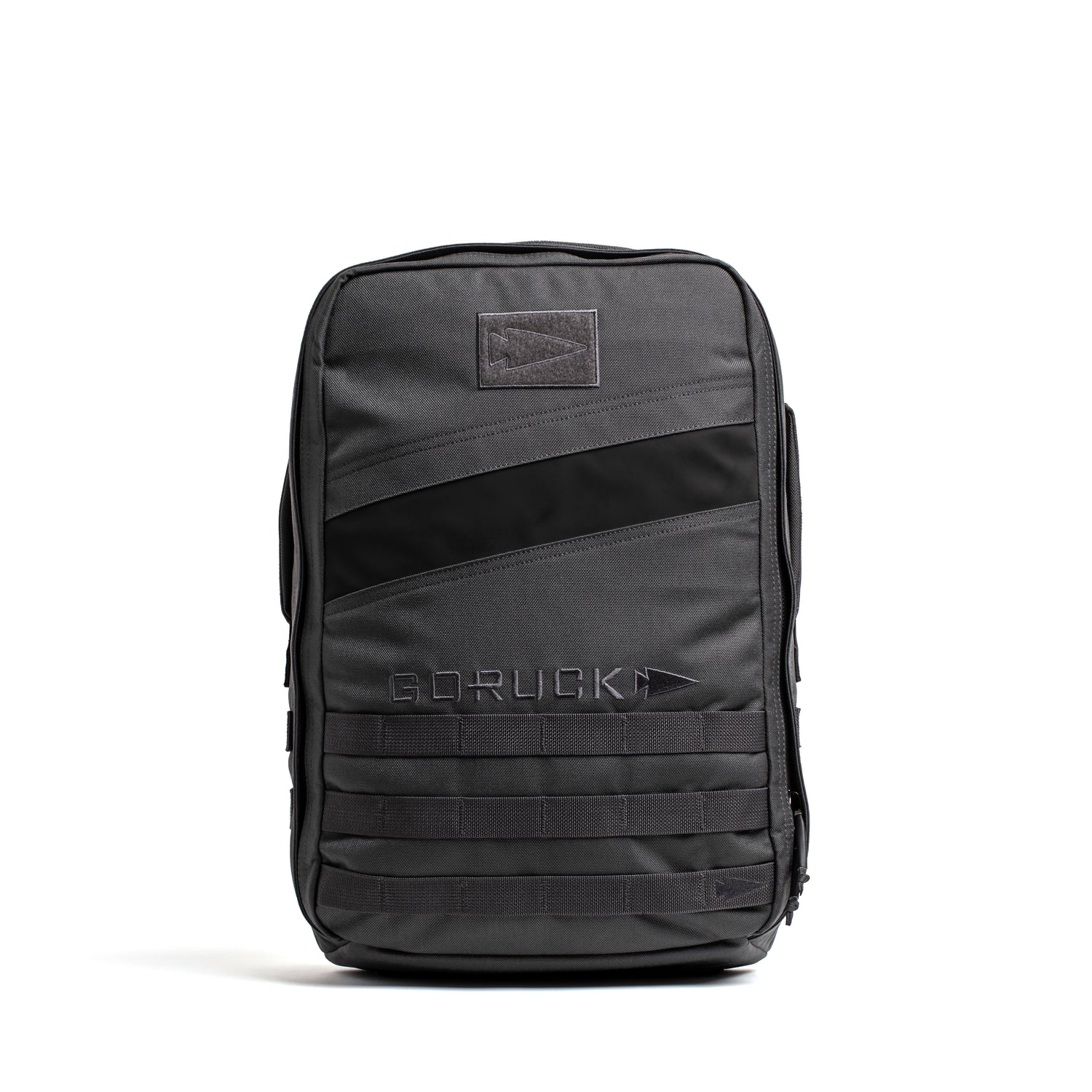 A black Rucker 4.0 rucksack stands upright against a white background, perfect as a training tool for rucking activities.