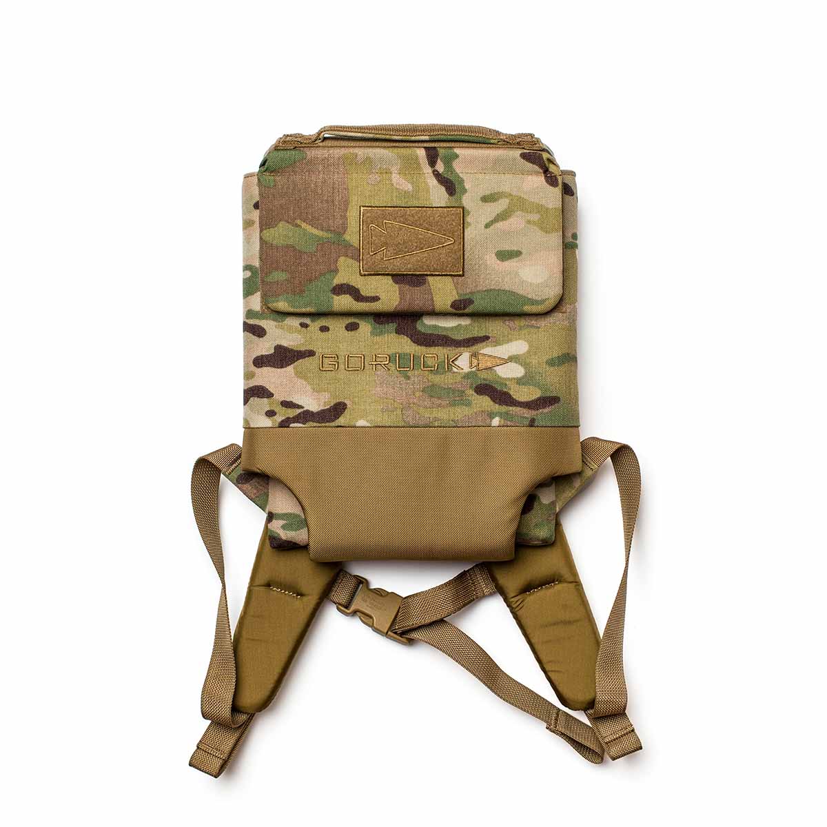 The Ruck Plate Carrier 3.0 is a camouflage-patterned tactical backpack with tan straps and ergonomic lumbar support, shown against a white background.