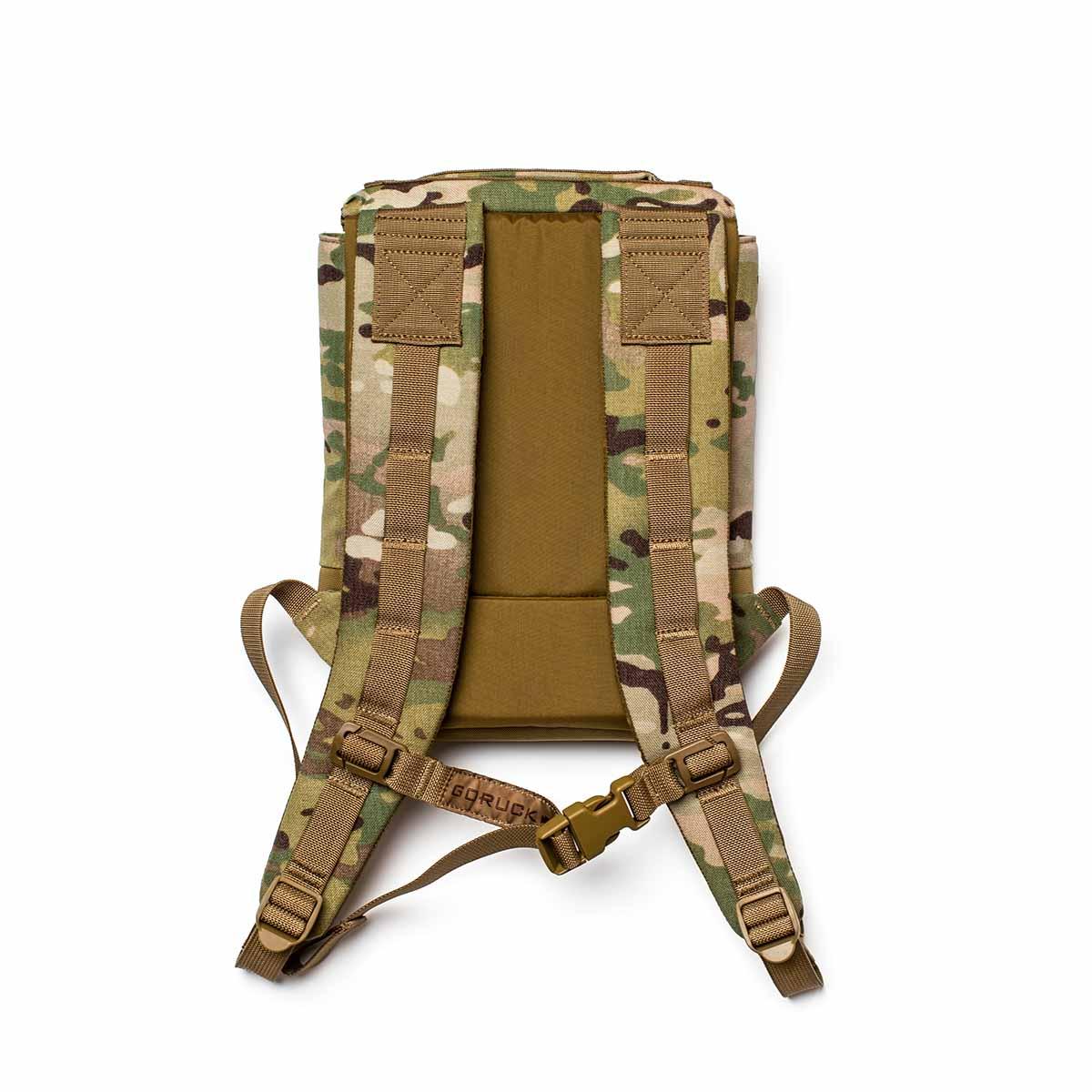 GORUCK Plate Carrier 3.0 in multi-cam camouflage pattern with padded back and adjustable shoulder straps
