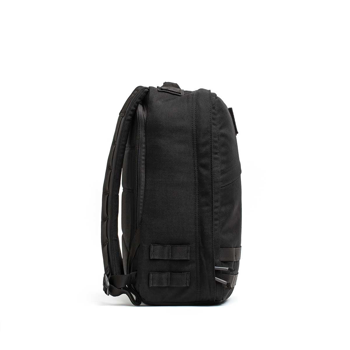 GORUCK black rucksack side view, durable 1000D Cordura with reinforced ballistic bottom