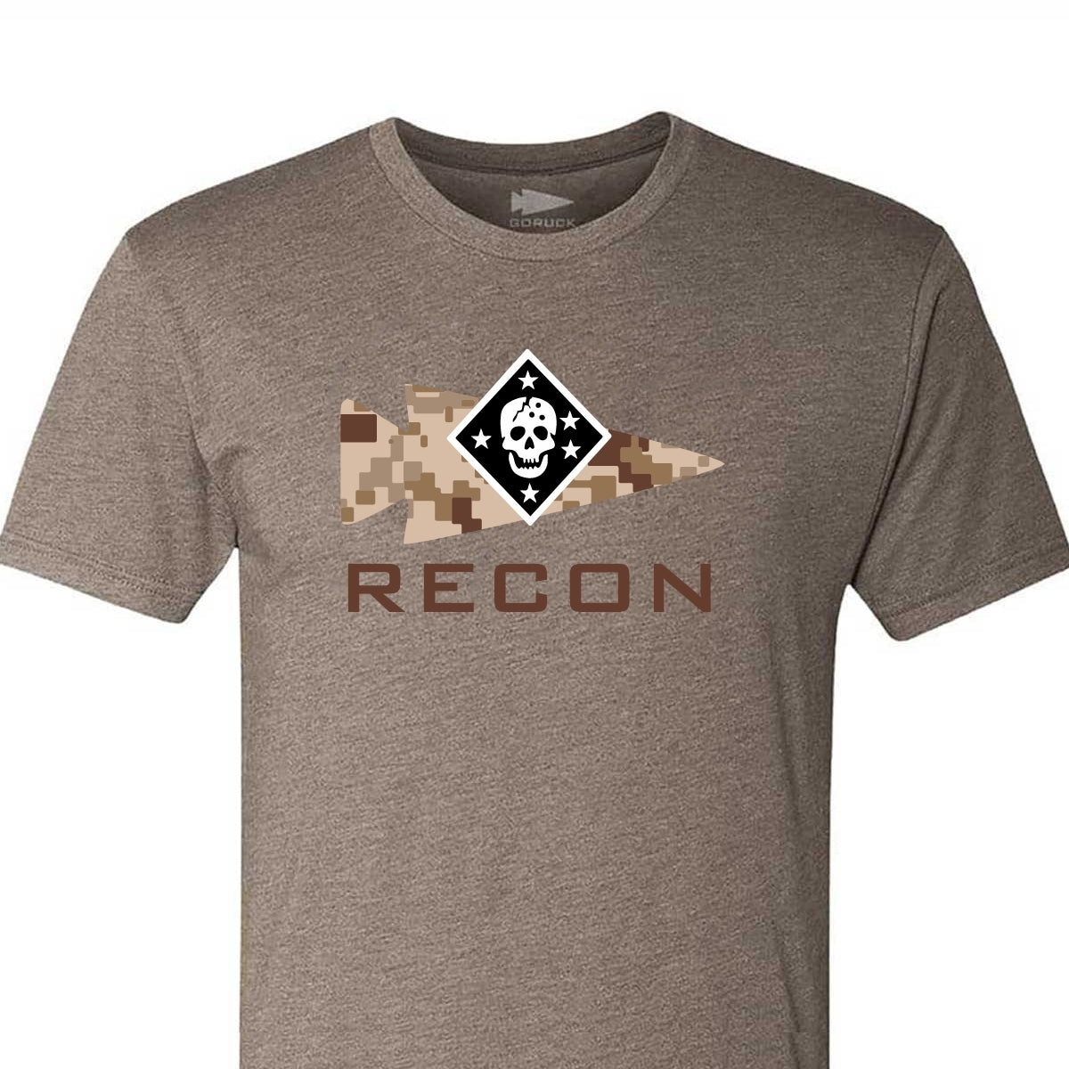 The Recon Raider San Diego Event Tee - Tri-Blend is a brown t-shirt with a camo flag, skull logo, and