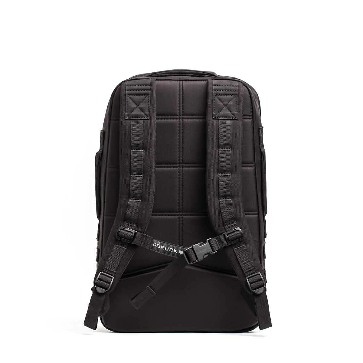 GORUCK black rucksack with padded straps and buckle, durable rucking backpack design