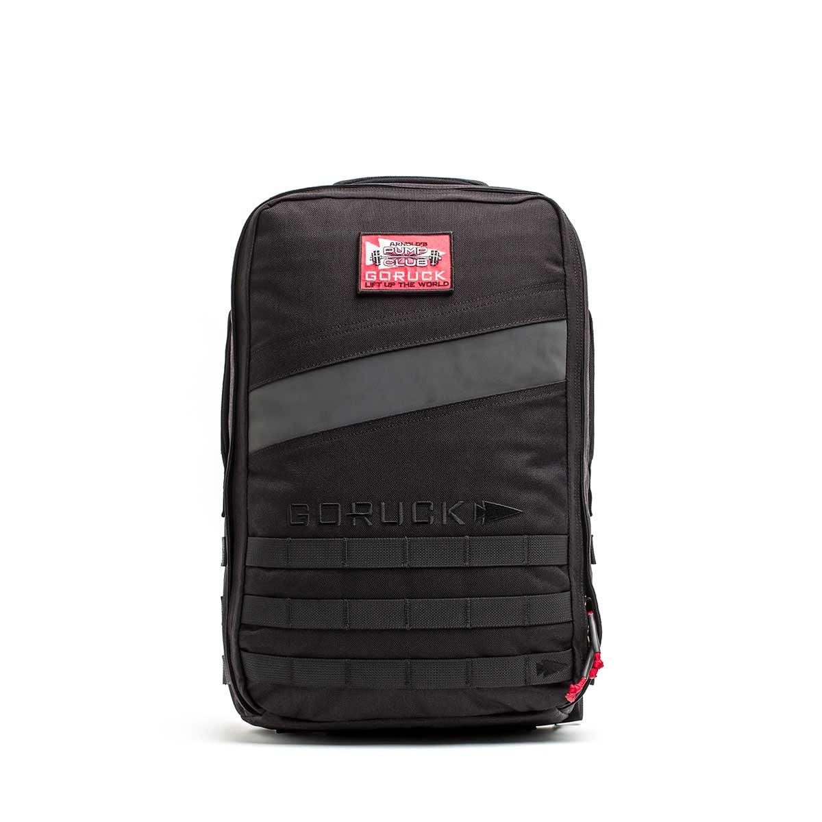Black GORUCK tactical rucksack with Pump Club patch, durable rucking gear for training and events
