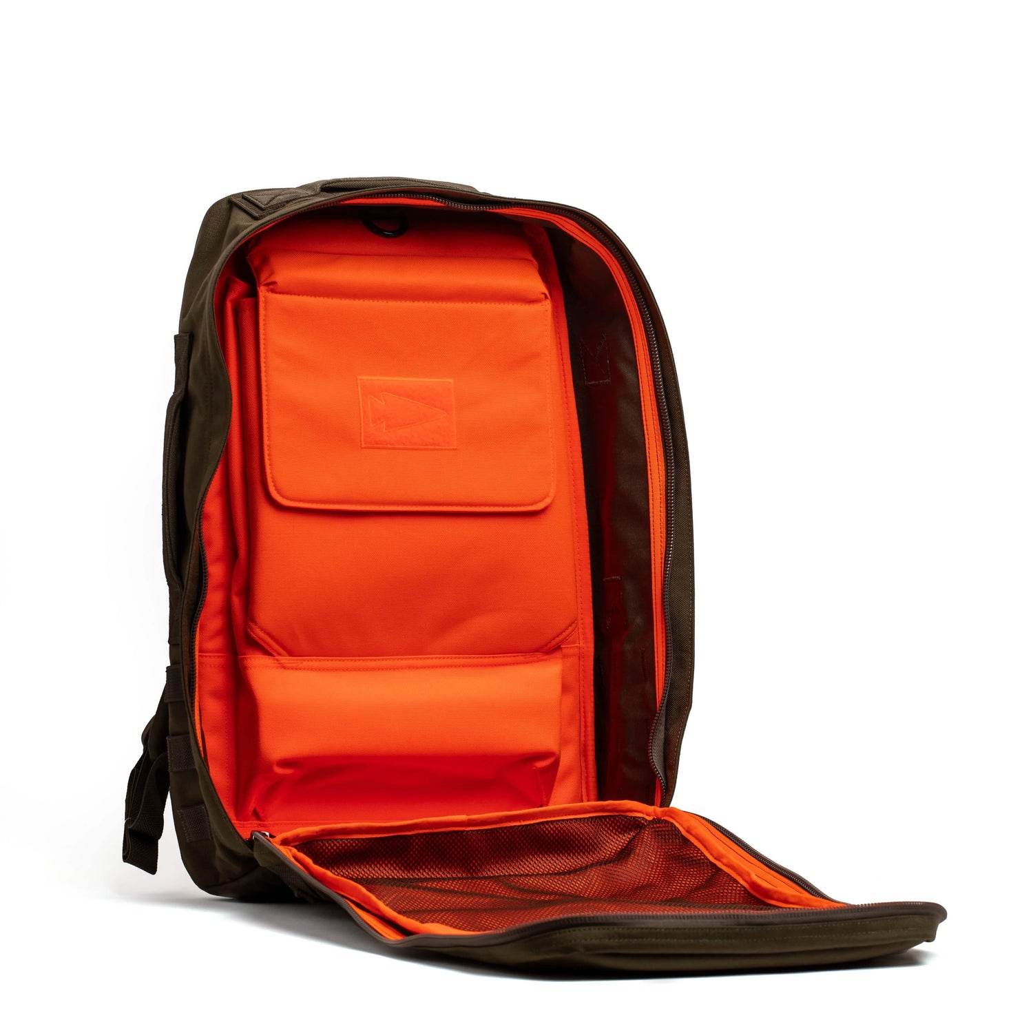 GORUCK Rucker 4.0 backpack in ranger green showing open main compartment with bright orange interior and sternum strap