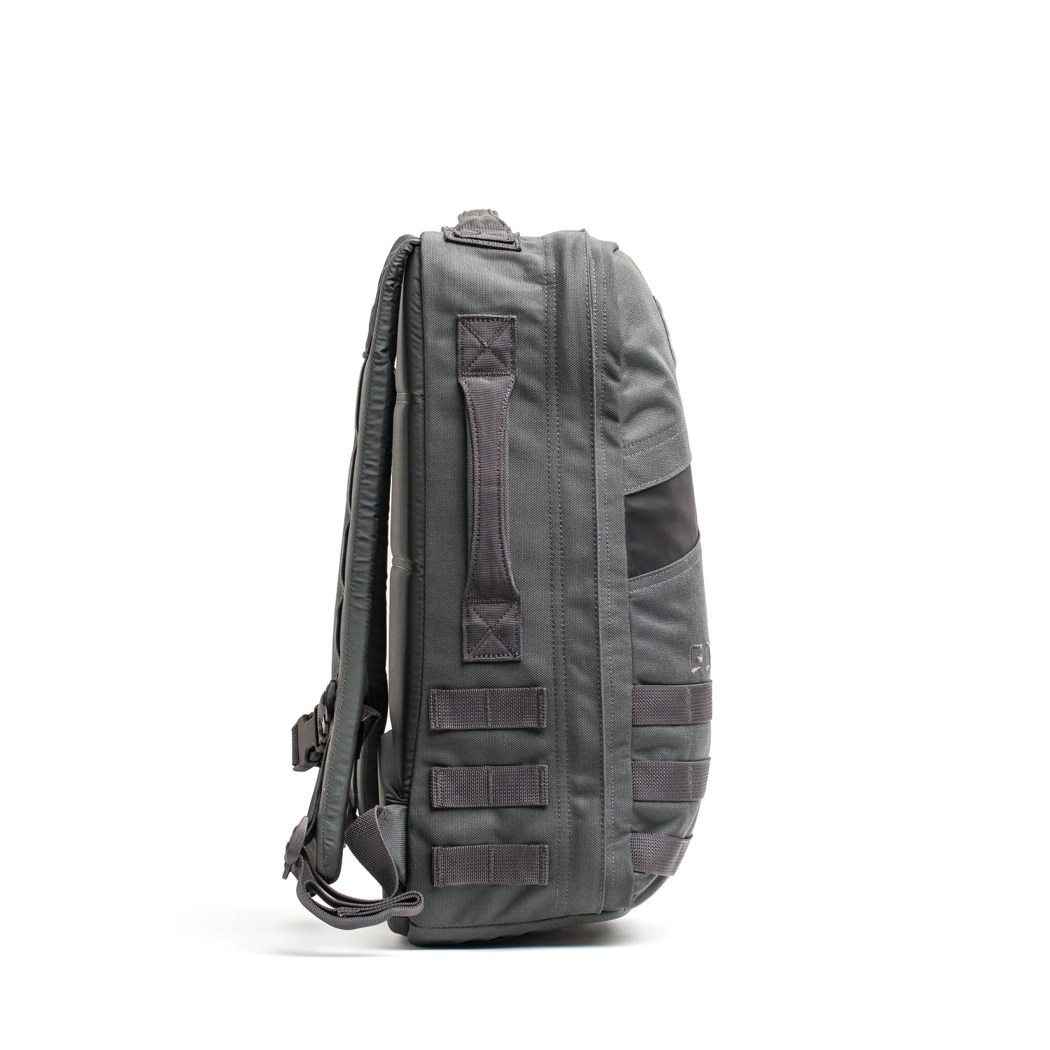 Side view of the gray Rucker 4.0 with multiple straps and a handle, ideal for rucking workouts, displayed against a white background.