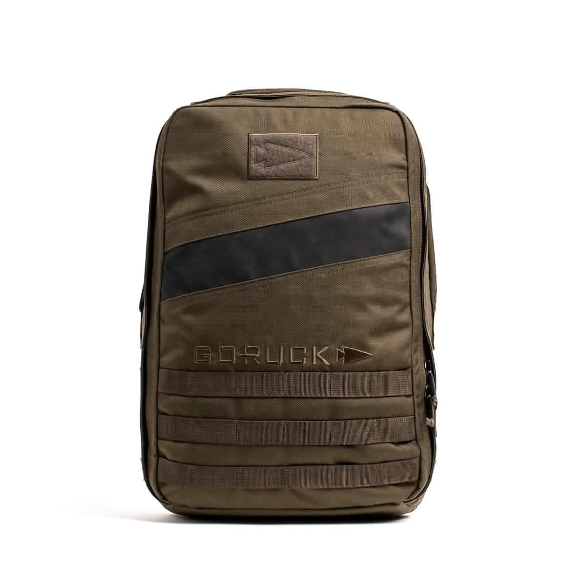 GORUCK Ranger Green 20L rucksack with black diagonal stripe and MOLLE webbing on white background
