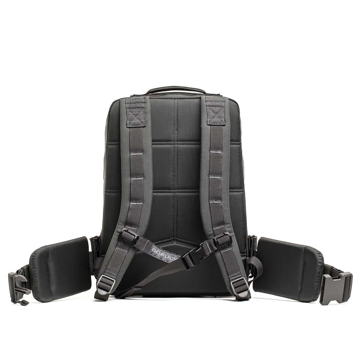 The Rucker 4.0 backpack, shown from the back on a white background, features padded shoulder straps and a hip belt, is designed for rucking, and is compatible with Ruck Plates.