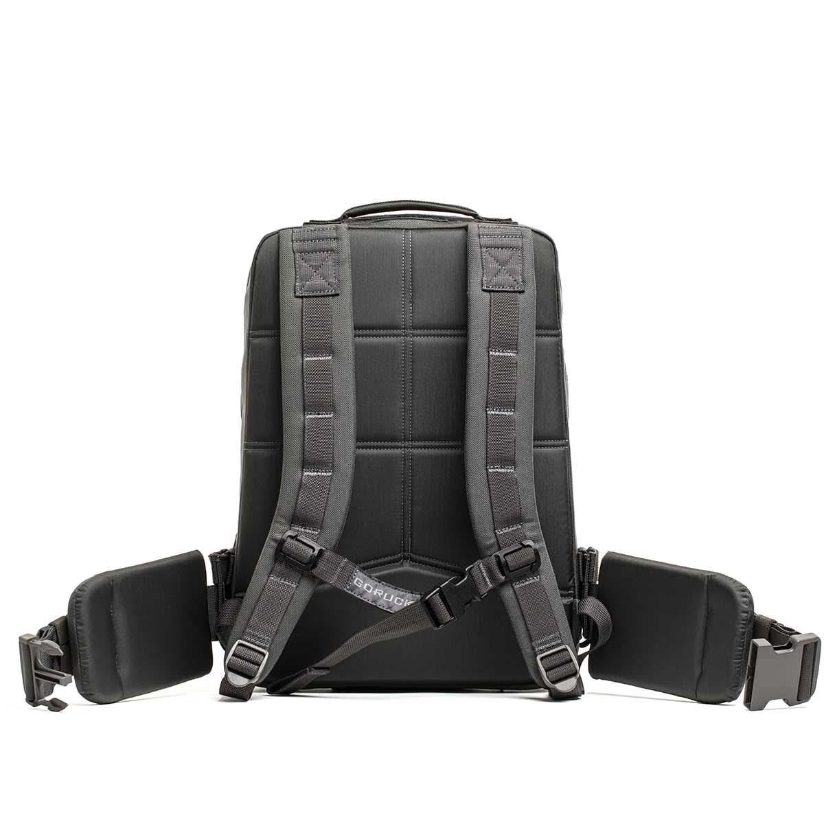 GORUCK Rucker 4.0 tactical rucksack back view with padded shoulder straps and adjustable hip belt in armor gray