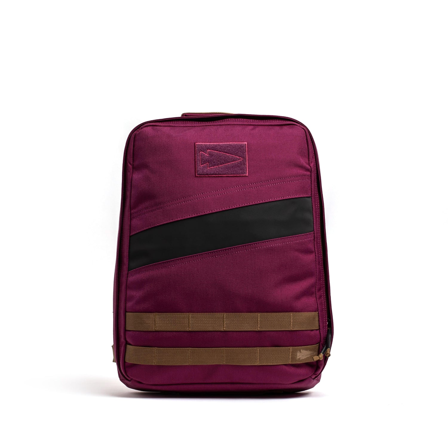 GORUCK Rucker 4.0 backpack in Baton Rouge color with black diagonal stripe and brown sternum strap loops