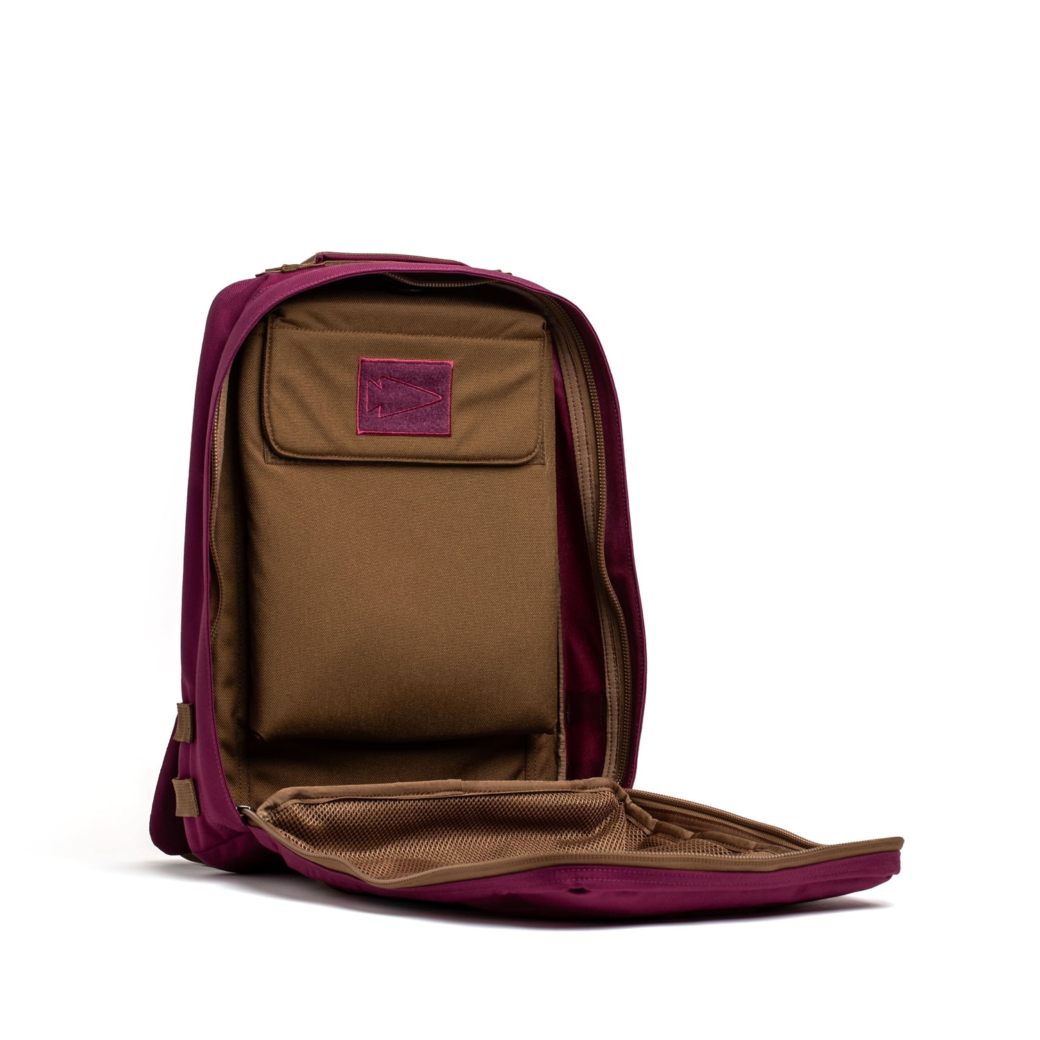 Maroon and brown Rucker 4.0 stands upright with its front compartment unzipped, revealing interior pockets.
