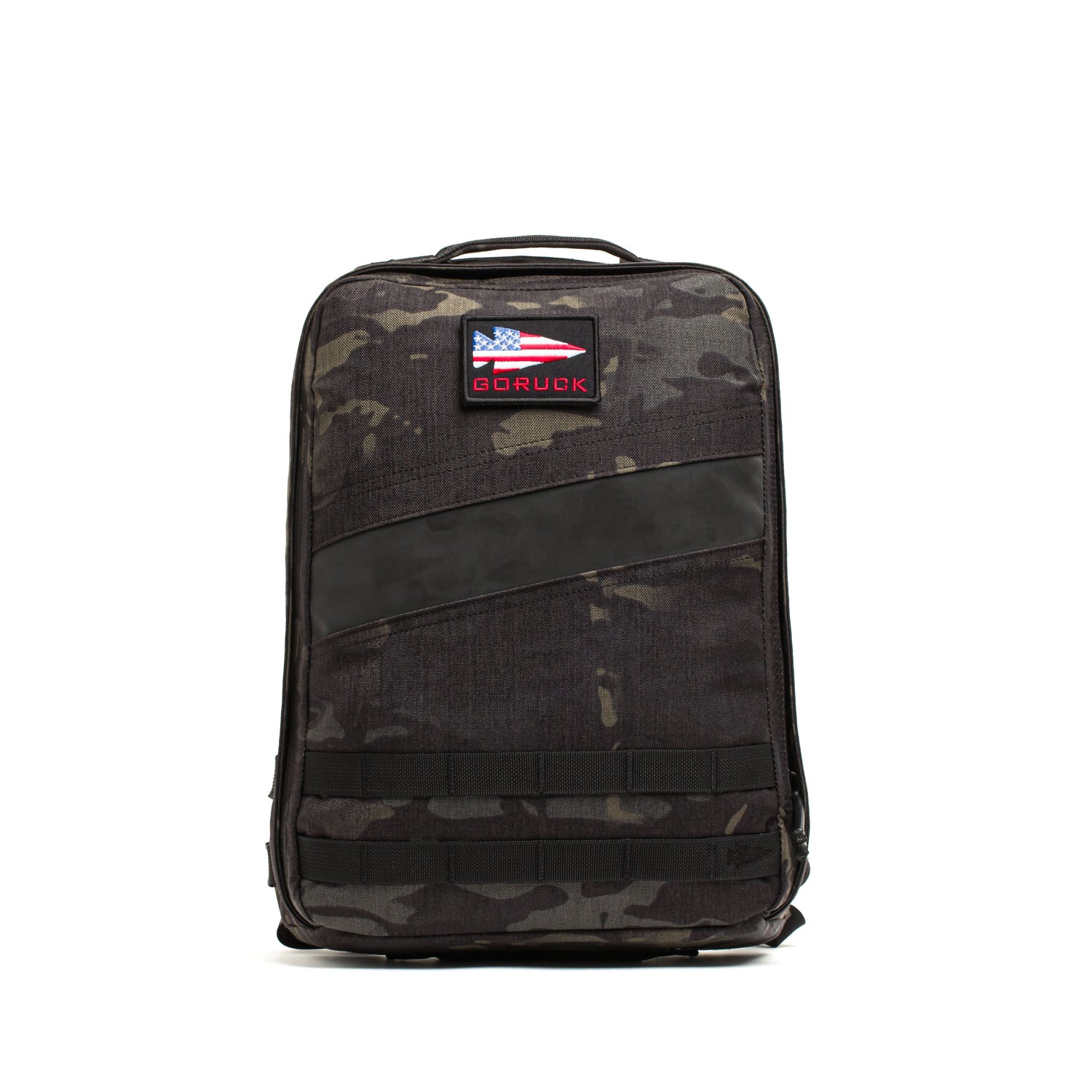 The Rucker 4.0 is a black camo rucksack featuring a top handle and an American flag patch labeled