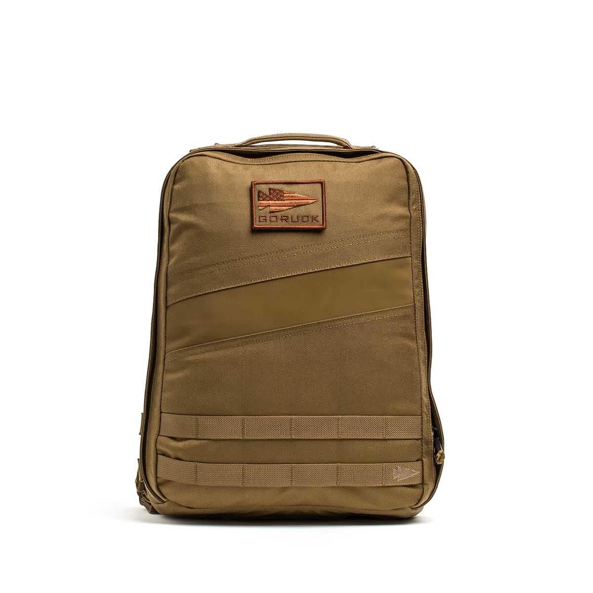 GORUCK 15L Rucker backpack in coyote brown with USA flag patch and durable construction