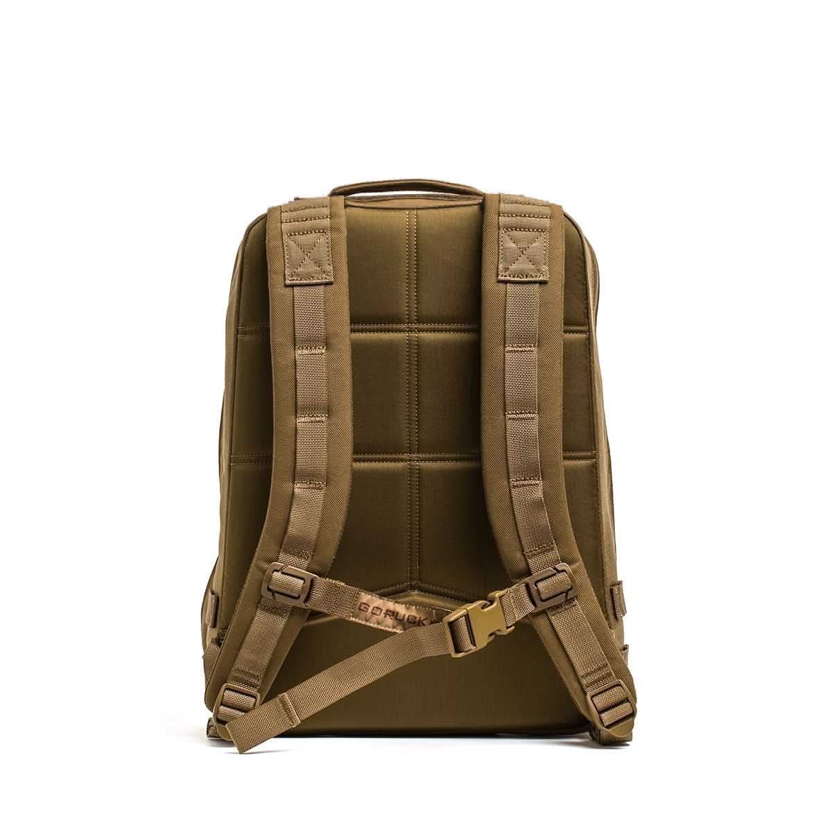 Olive green Rucker 4.0 backpack shown from the back, featuring padded straps, a top handle, and built to carry Ruck Plates for comfortable rucking.