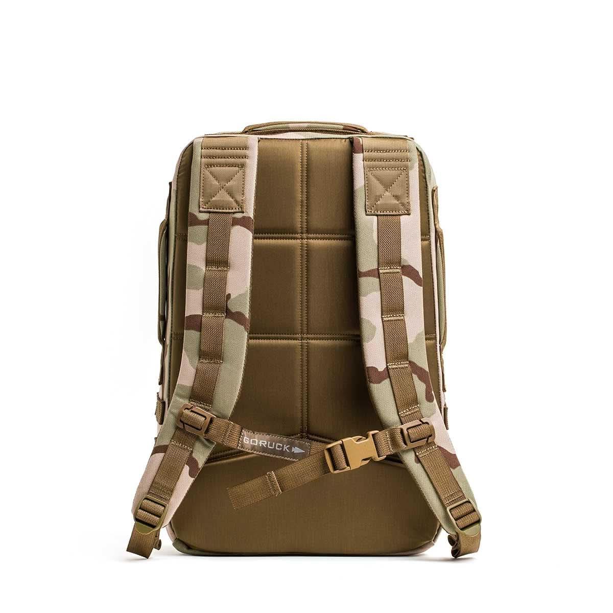 GORUCK Rucker 4.0 backpack in tan with padded back and camouflage shoulder straps