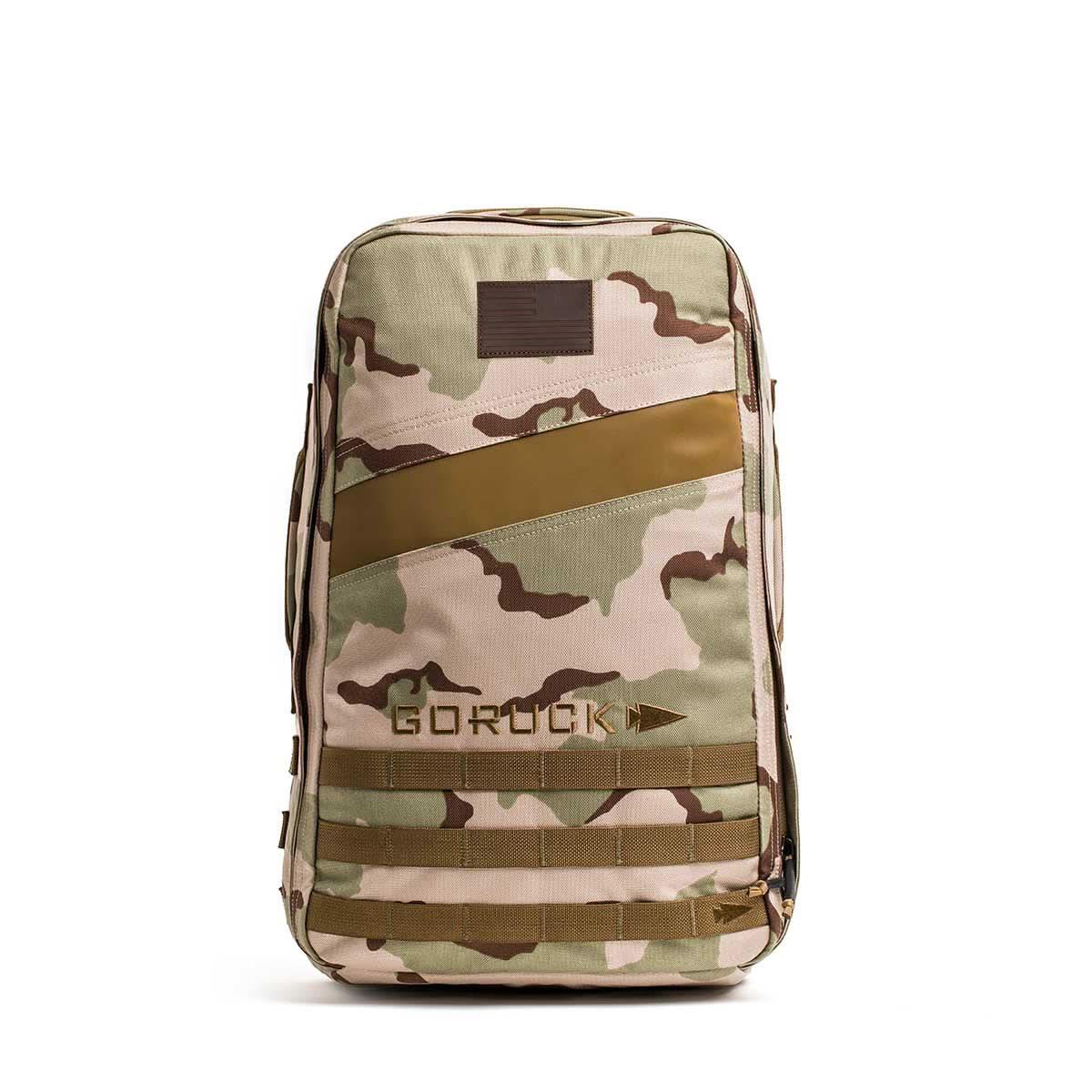 GORUCK Rucker 4.0 camouflage rucksack with tan accents and durable Cordura fabric