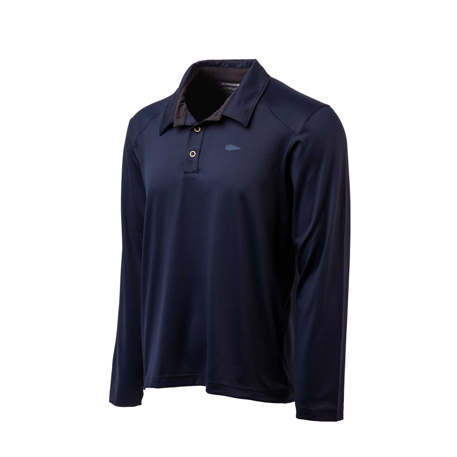 Men's Long Sleeve Rucking Polo in navy blue Merino wool, featuring buttons and a small chest logo, shown on a white background.