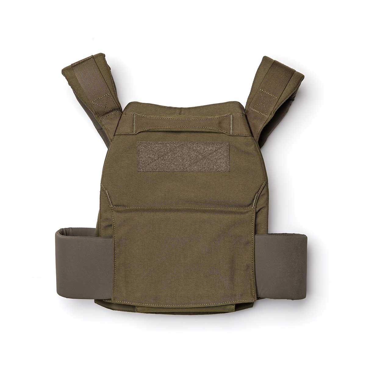 GORUCK Ranger Green weighted rucking vest with padded shoulder straps and waist belt on white background