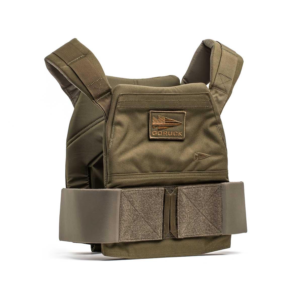 GORUCK rucking weight vest in ranger green with padded shoulder straps and adjustable waist belt