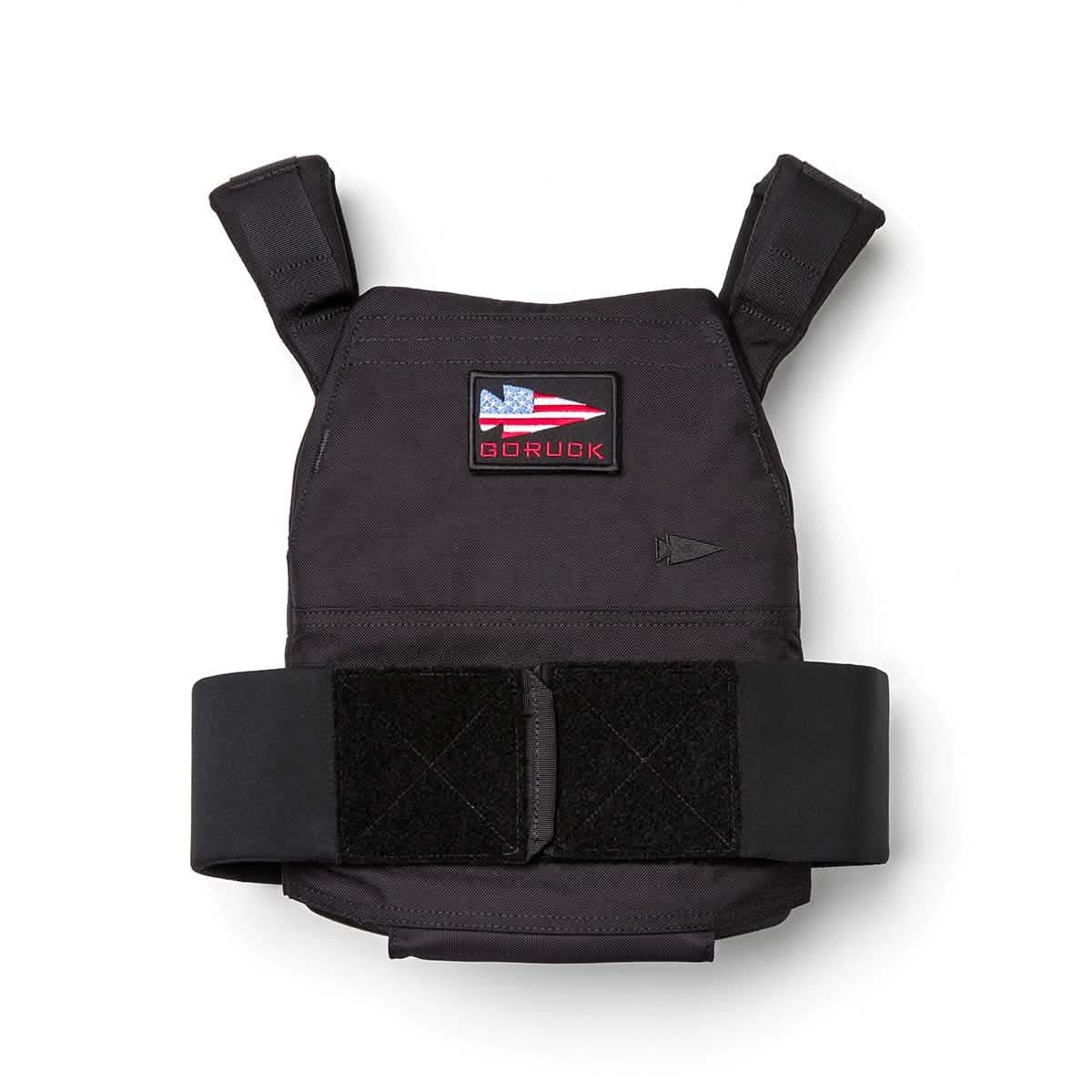 The Rucking Weight Vest features Velcro straps, a patch with a U.S. flag and