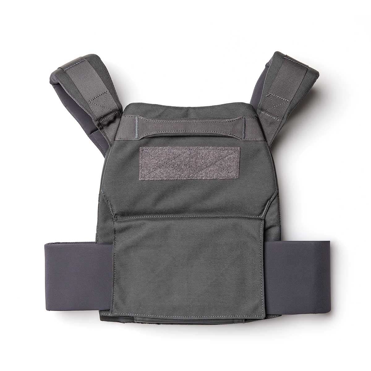 The Rucking Weight Vest features wide shoulder straps and side panels in gray, designed for use during rucking. Shown on a white background.