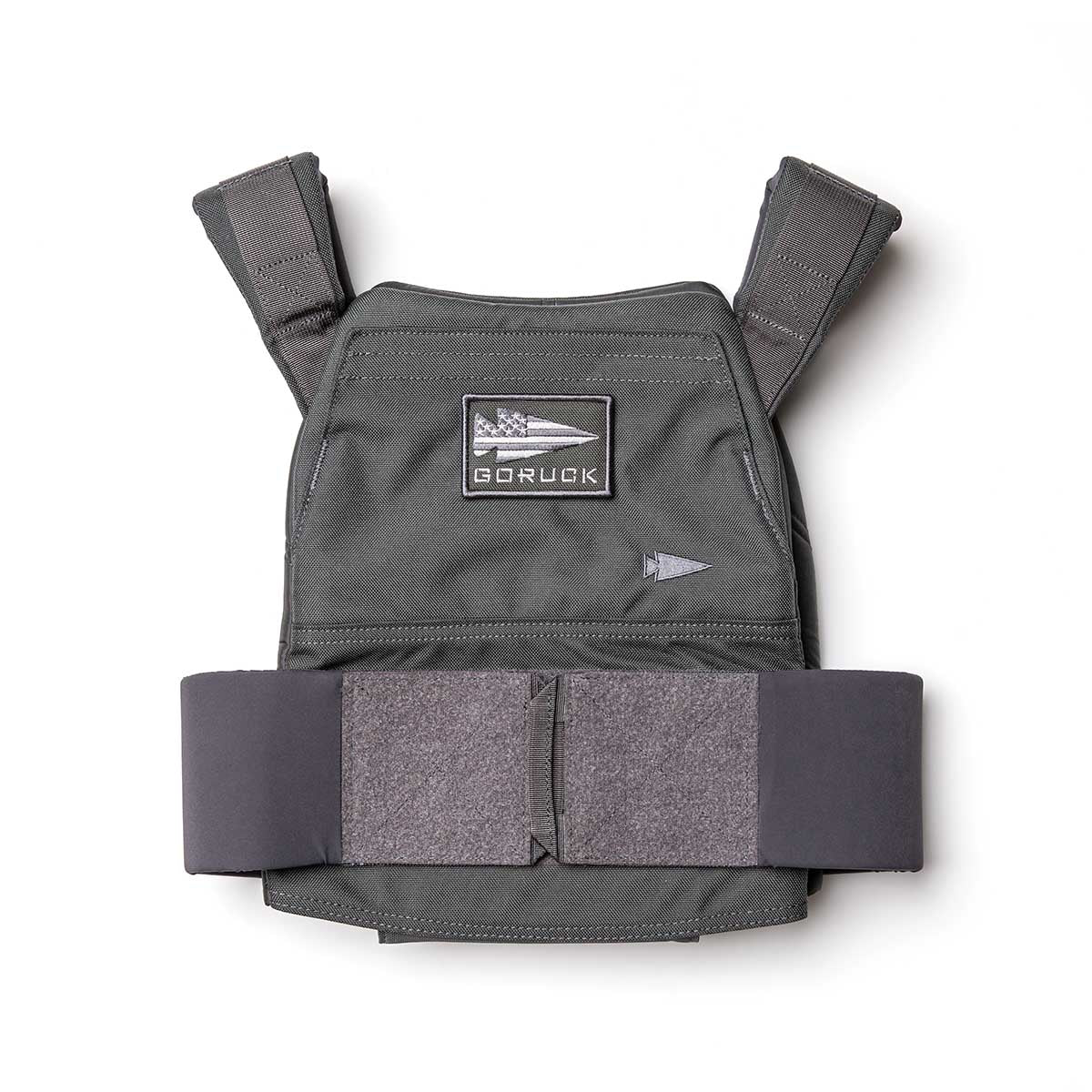 The Rucking Weight Vest is a gray tactical vest with shoulder straps and a front GORUCK patch, designed for rucking. It features space for Curved Ruck Plates and is shown on a white background.