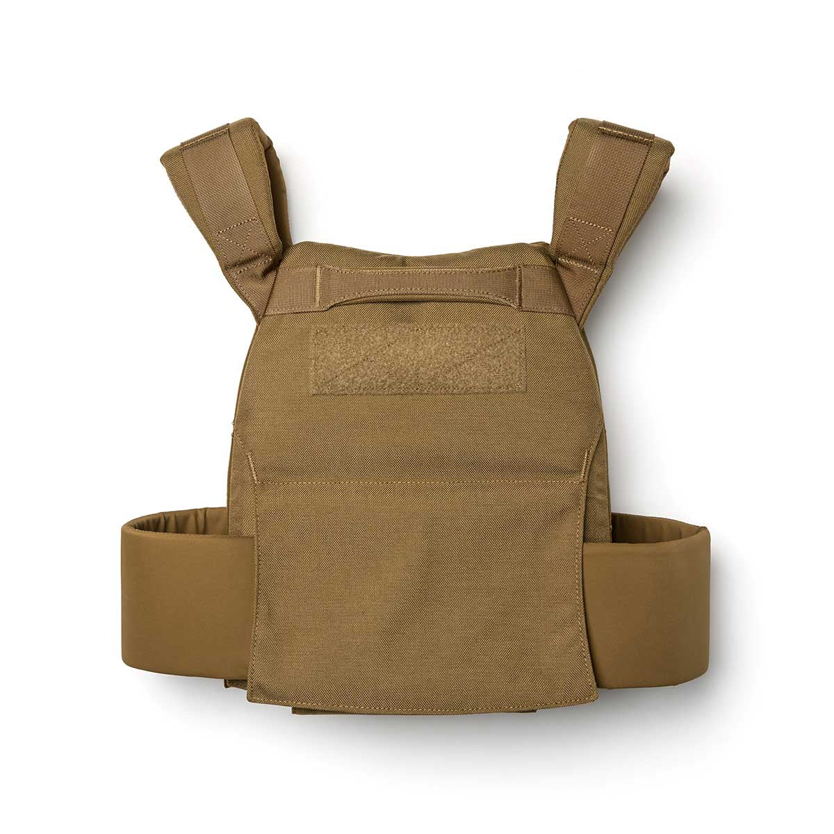 The Weight Vest + Curved Plate Bundle features a tan tactical vest with shoulder straps and side panels, designed to hold ruck plates for weighted training. Perfect for workout bundles. Displayed on a white background.
