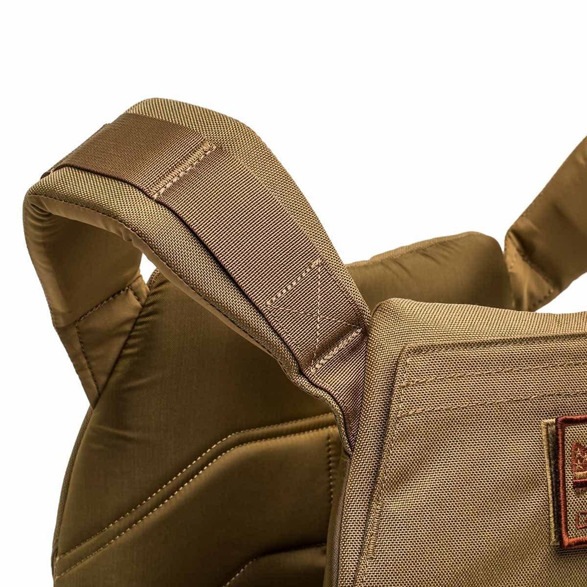 Close-up of GORUCK coyote brown rucking weight vest shoulder strap and stitching detail