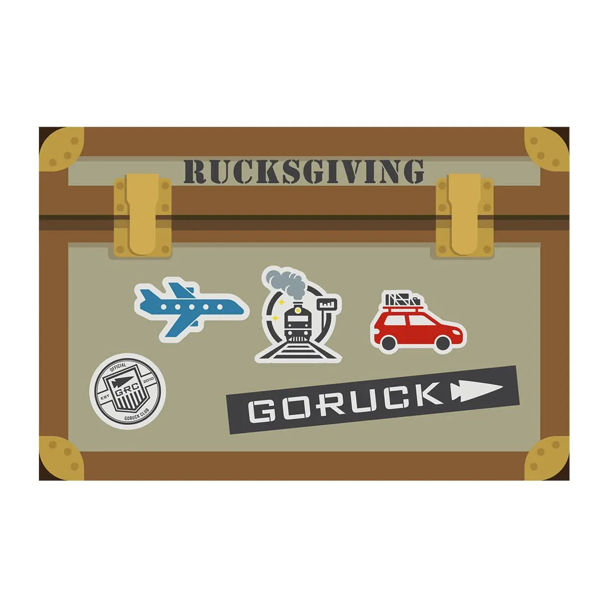 GORUCK Rucksgiving patch with suitcase, travel stickers, train, car, plane, and GORUCK logo.