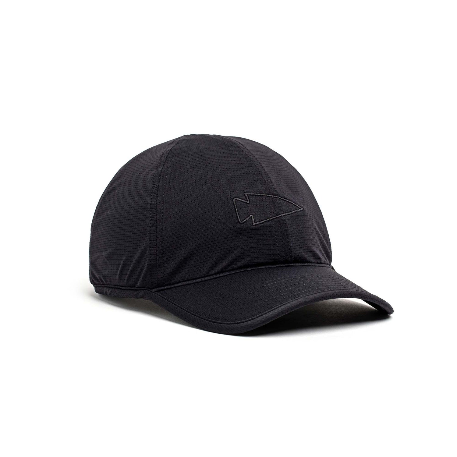 Black lightweight running hat with embroidered arrowhead logo, designed for rucking and outdoor training