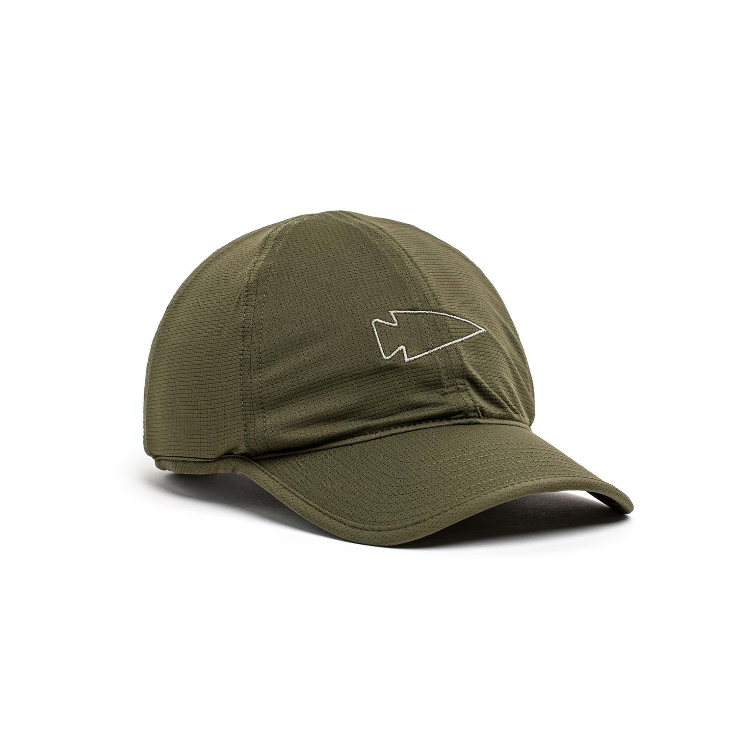 The Performance Running Hat - ToughMesh in olive green is crafted from premium Italian fabric with a white arrowhead outline logo. This lightweight cap blends style and performance, making it ideal for everyday running and casual wear.