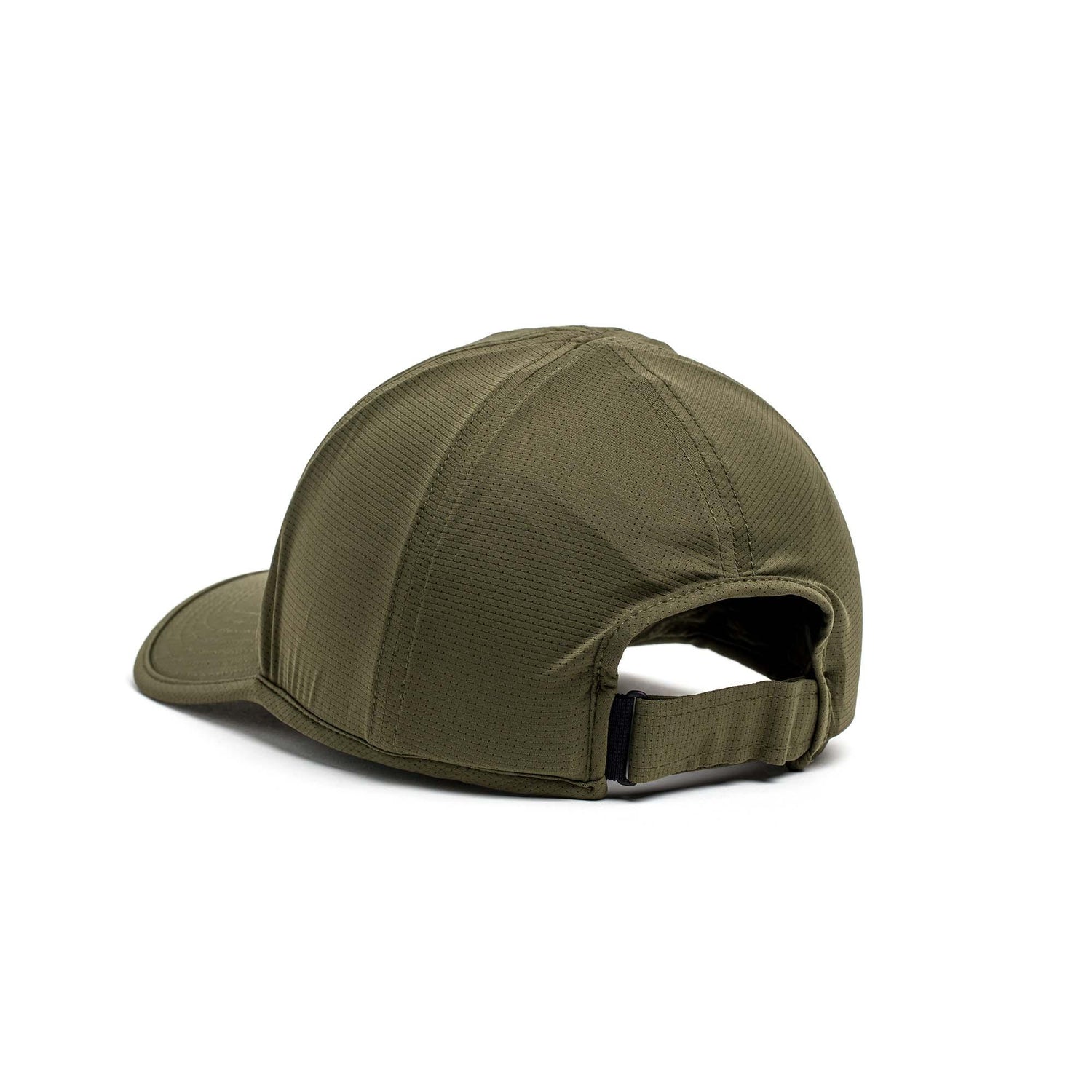 Performance Running Hat - ToughMesh in olive green, shown from the back with adjustable strap and curved brim, crafted from premium Italian fabric.