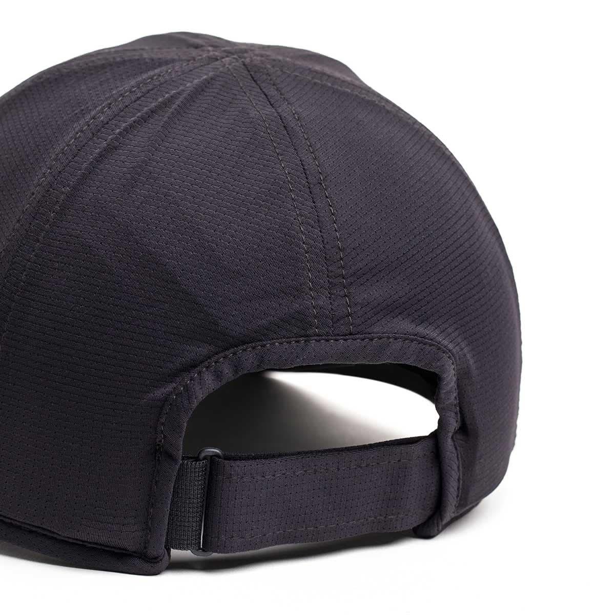 GORUCK black running hat back view with adjustable strap and durable stitching