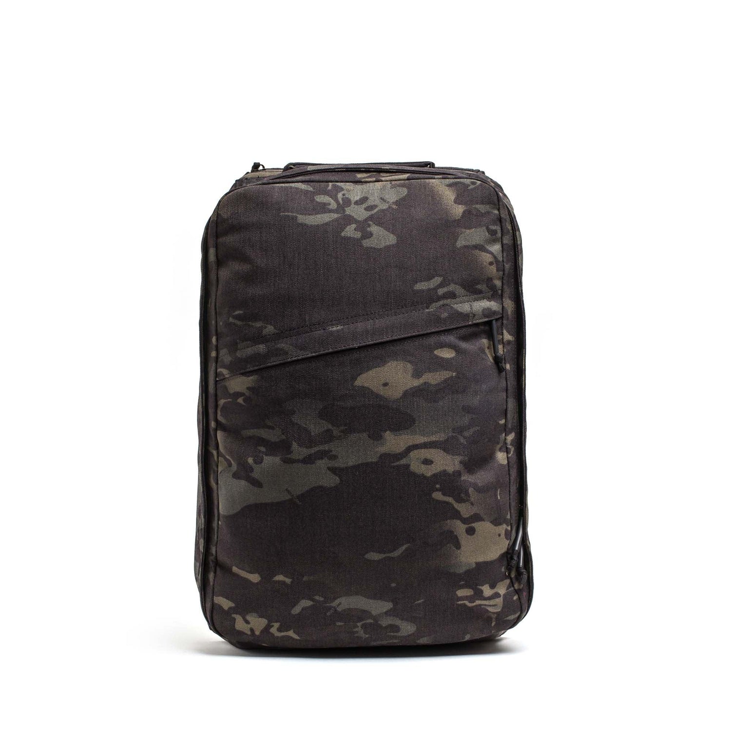A GR1 USA Slick - Ballistic Nylon Cordura backpack in black camouflage, featuring a front zipper pocket and bombproof laptop compartment, displayed on a white background.