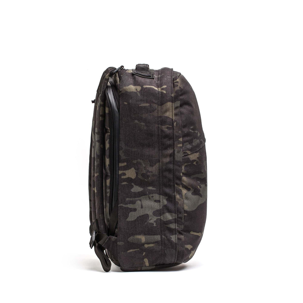 GORUCK black multicam rucking backpack side view, tough tactical outdoor gear
